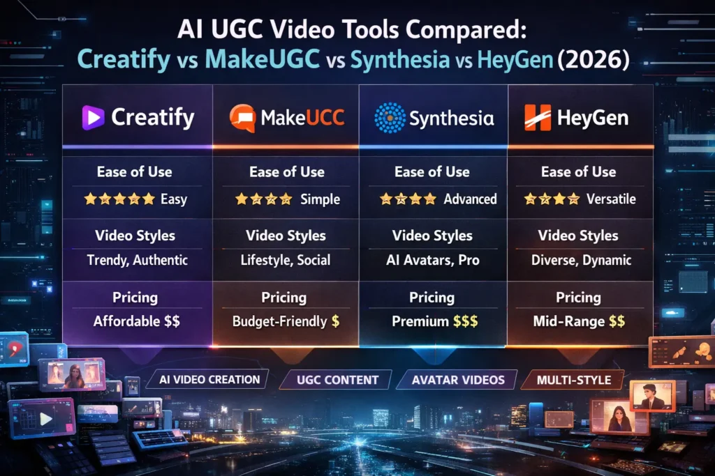 AI UGC Video Tools Compared: Creatify vs MakeUGC vs Synthesia vs HeyGen (2026)
