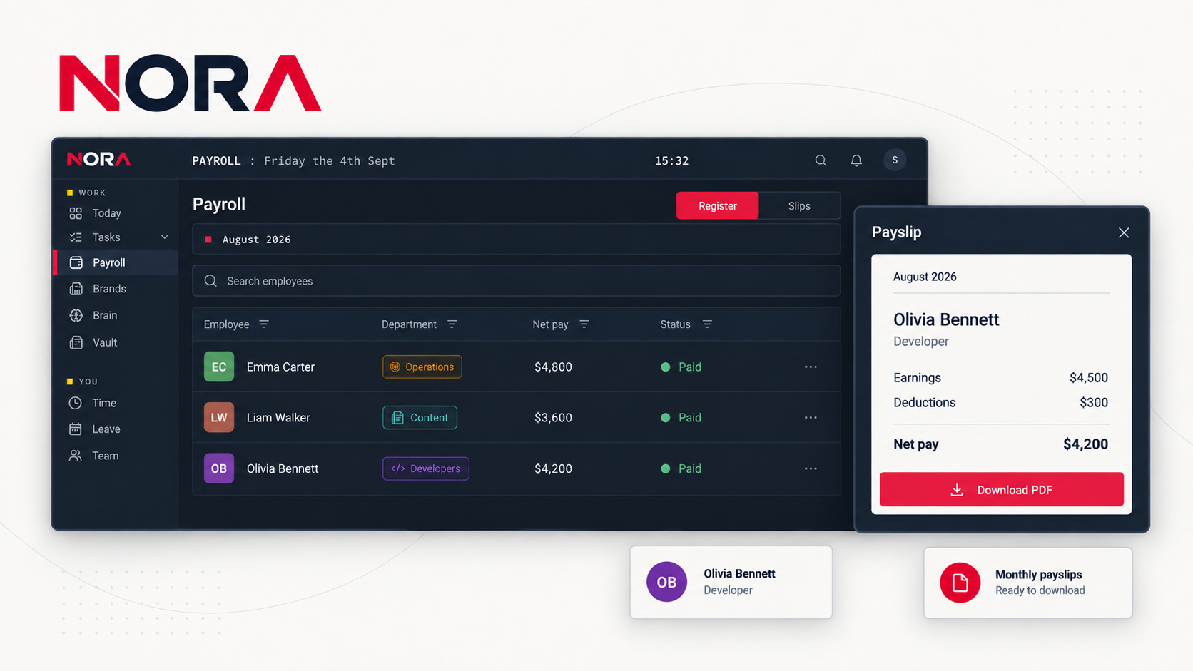NORA Payroll interface design concept, showing illustrative sample data